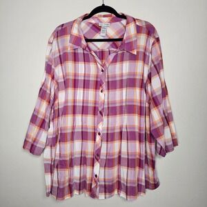 Catherines Womens Madras Plaid‎ Country Top Size 3X Purple Button Up Barn Chore